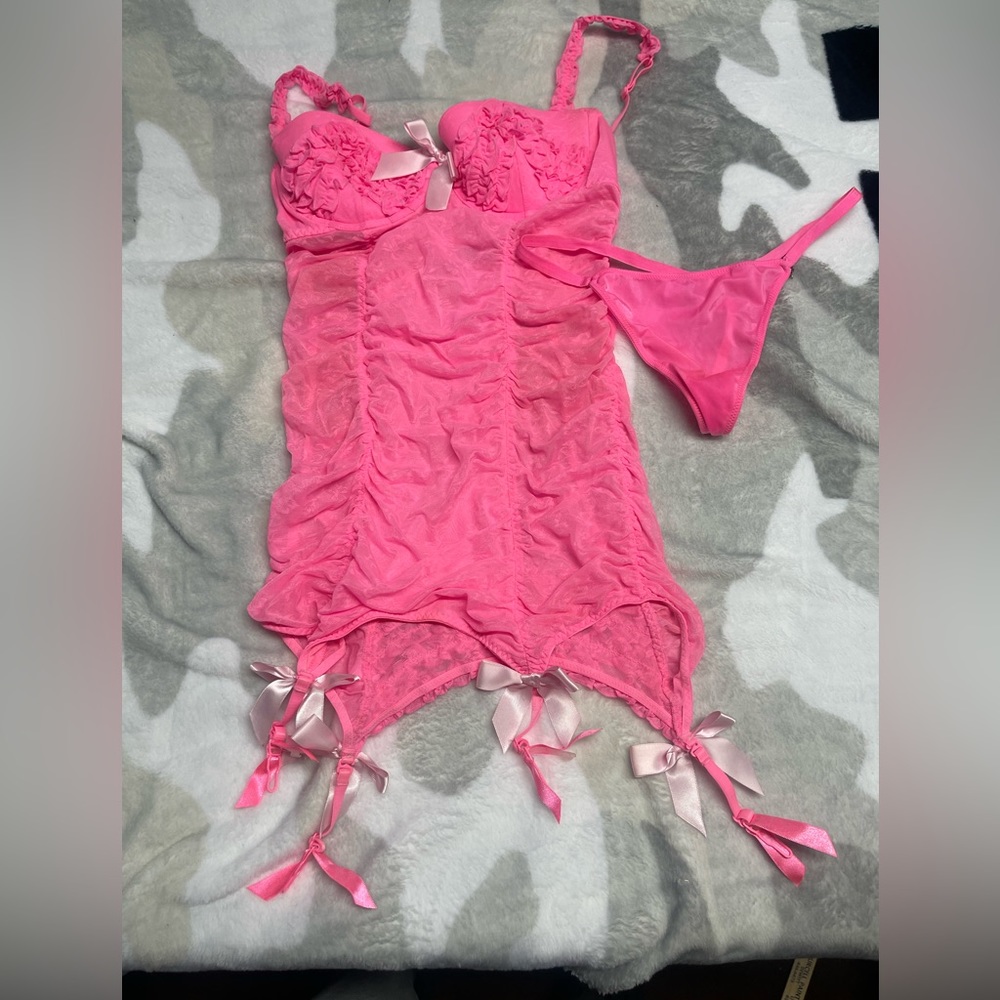 Victoria’s Secret SLT vintage garter corset and satin vstring.  Vintage.